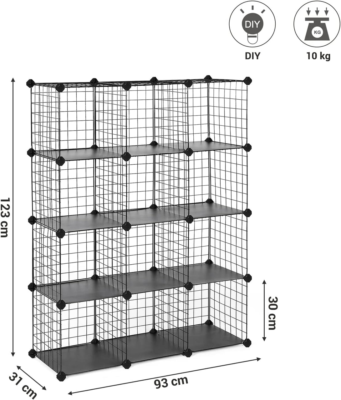 12 kockás rácsos tárolóállvány, egymásba illeszkedő polcegység, Fekete-VASBÚTOR