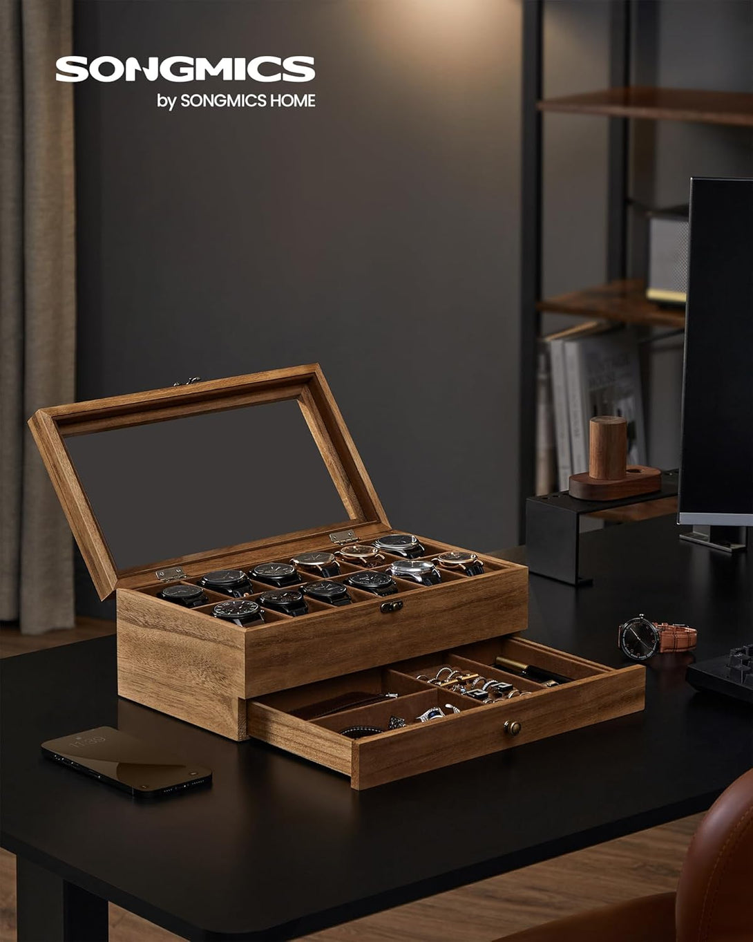 12 rekeszes óratartó doboz rusztikus dió színben-VASBÚTOR