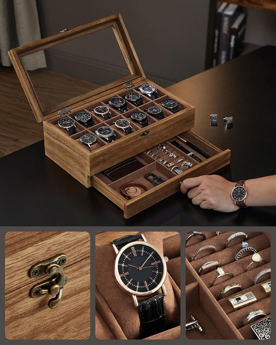 12 rekeszes óratartó doboz rusztikus dió színben-VASBÚTOR