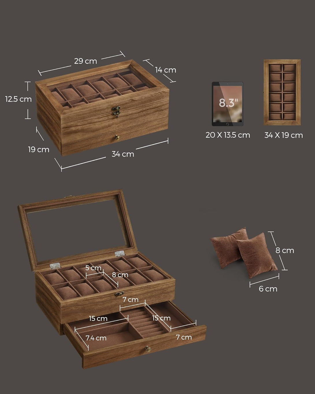 12 rekeszes óratartó doboz rusztikus dió színben-VASBÚTOR