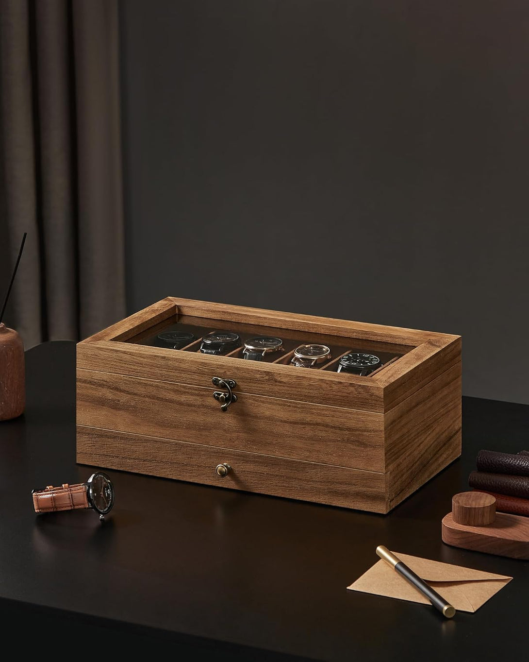 12 rekeszes óratartó doboz rusztikus dió színben-VASBÚTOR