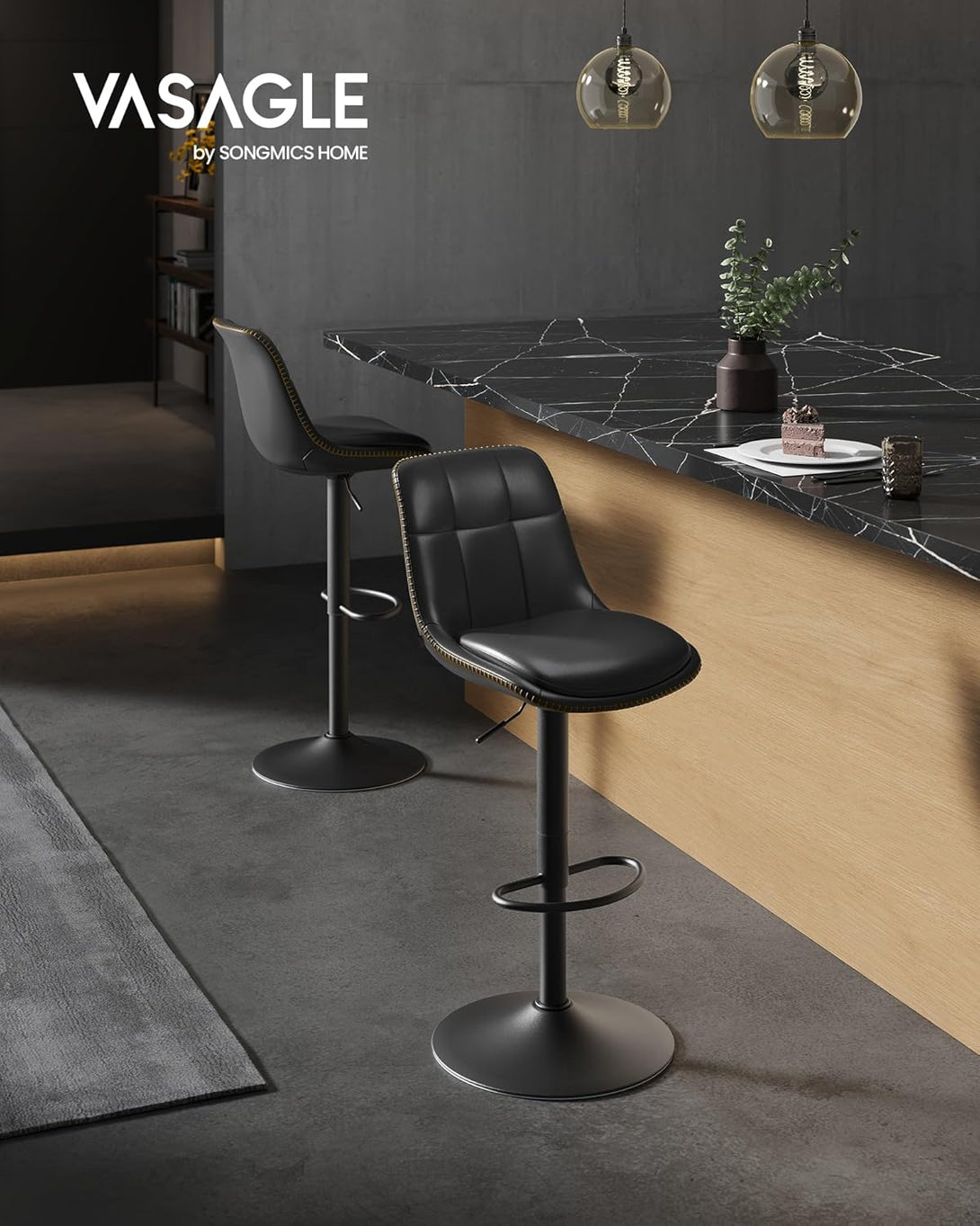 2 db állítható magasságú bárszék szett, 44 x 48 x (90–112) cm, fekete színű-VASBÚTOR