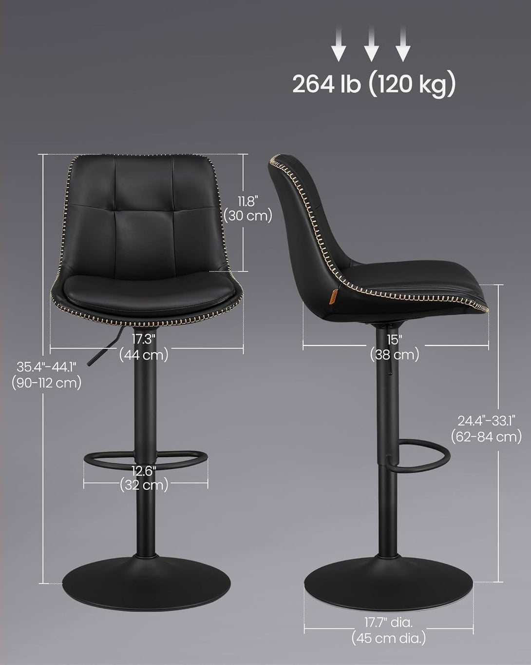 2 db állítható magasságú bárszék szett, 44 x 48 x (90–112) cm, fekete színű-VASBÚTOR