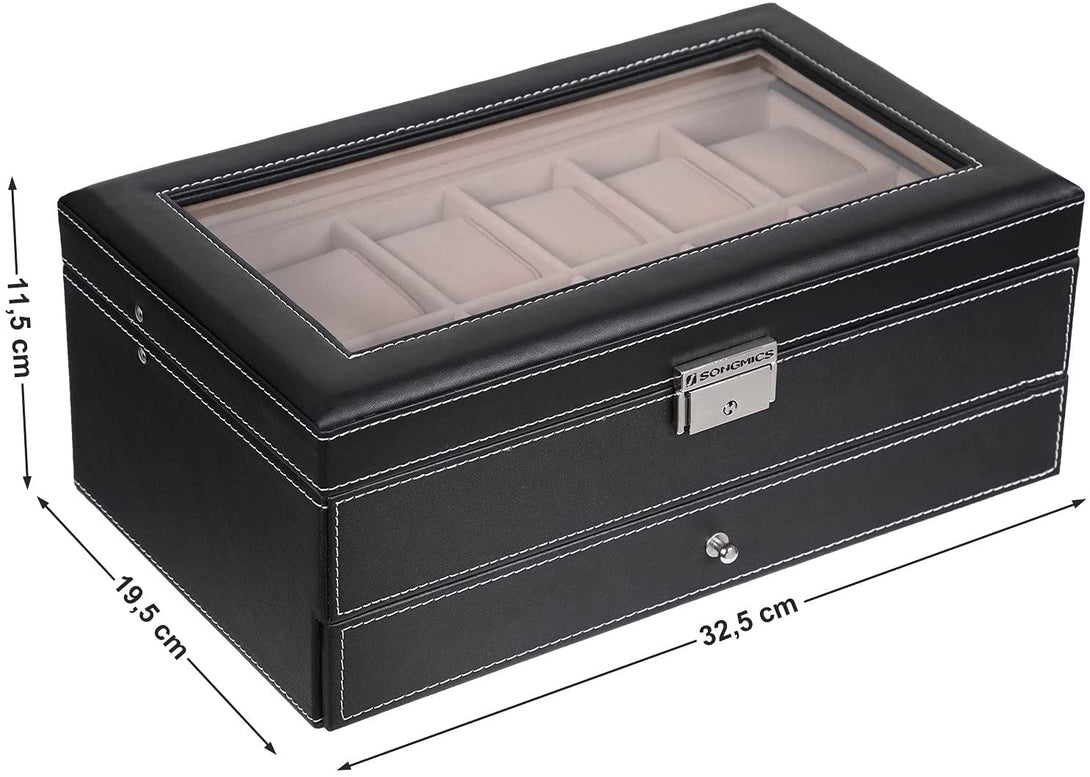2 rekeszes óratároló doboz üveg fedéllel zárható 32,5 x 11,5 x 19,5 cm, fekete-VASBÚTOR