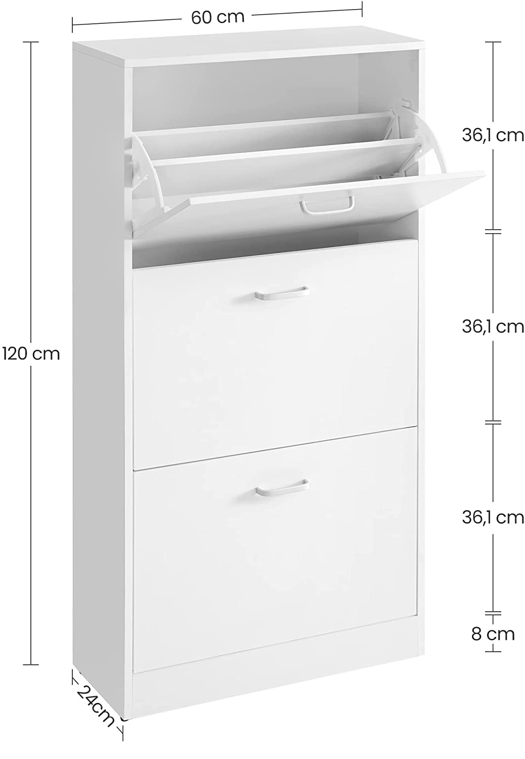 3 szintes cipős szekrény, tárolószekrény 3 kinyitható ajtóval 60 x 120 x 24 cm, fehér-VASBÚTOR