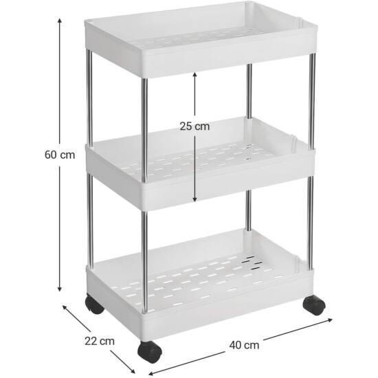 3 szintes konyhai polc Fürdőszoba polc kerekeken 40x22x60cm fehér-VASBÚTOR