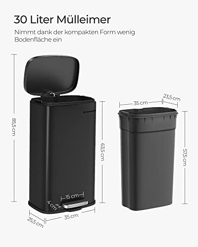 30 literes pedálos szemetes, acél, belső vödörrel, halk záródású fedéllel, fekete-VASBÚTOR