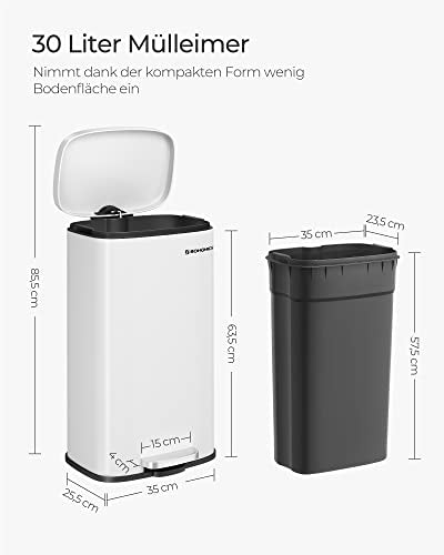 30 literes pedálos szemetes konyhába, acél,belső vödörrel, halk záródású fedéllel, fehér-VASBÚTOR