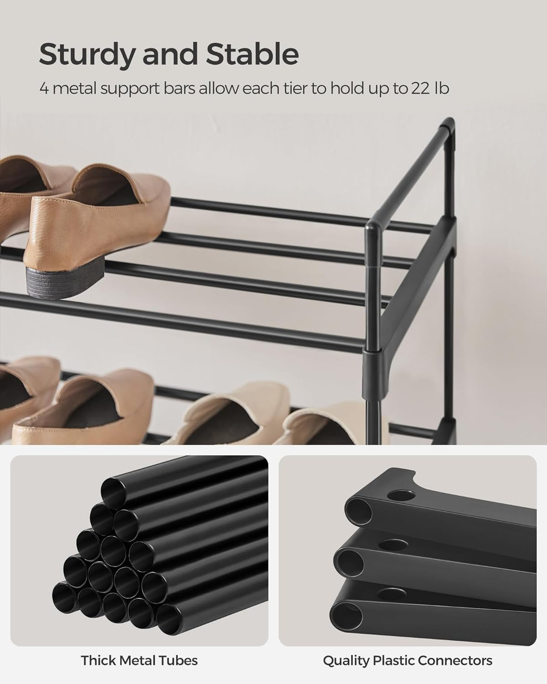 4 szintes cipőtároló állvány, fém cipőtartó 20 pár cipő számára, 92x30x73 cm, fekete-VASBÚTOR