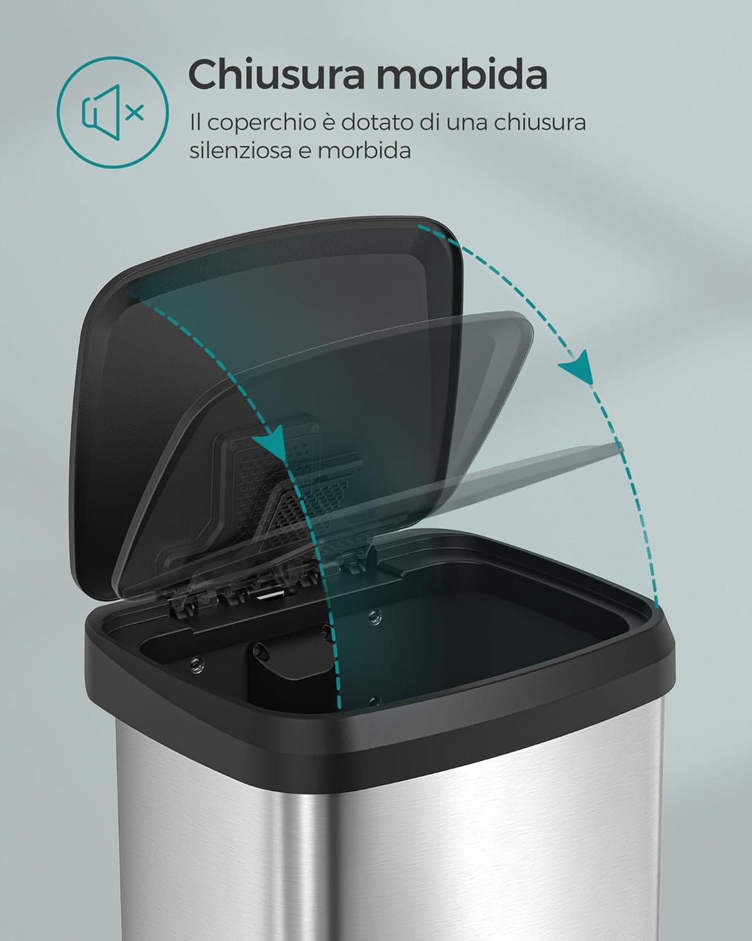 50 literes konyhai szemetes, fém pedálos kuka fedéllel, keskeny és tágas, ezüst-VASBÚTOR