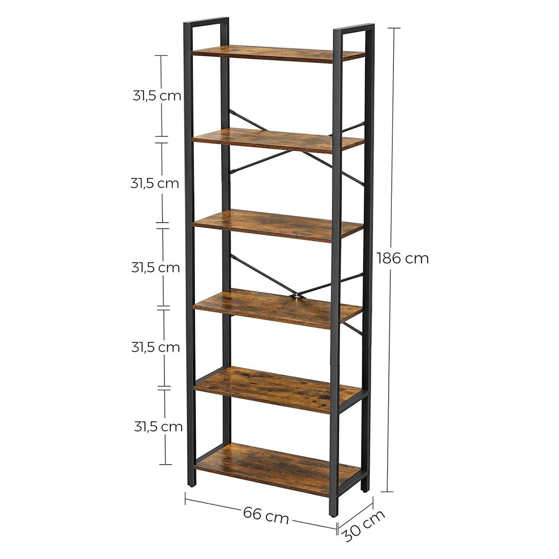 6 szintes könyvespolc tároló polc acélkerettel 66 x 30 x 186 cm , rusztikus barna-VASBÚTOR