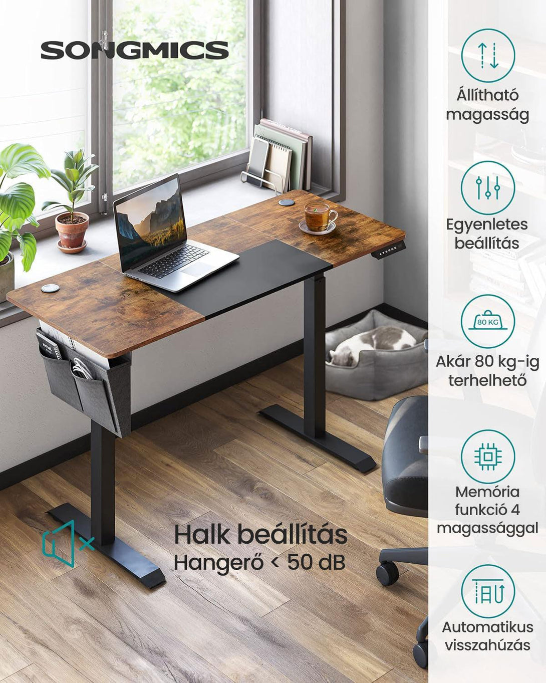 Állítható magasságú elektromos íróasztal 140 x 60 x (72-120) cm, vintage barna/fekete-VASBÚTOR