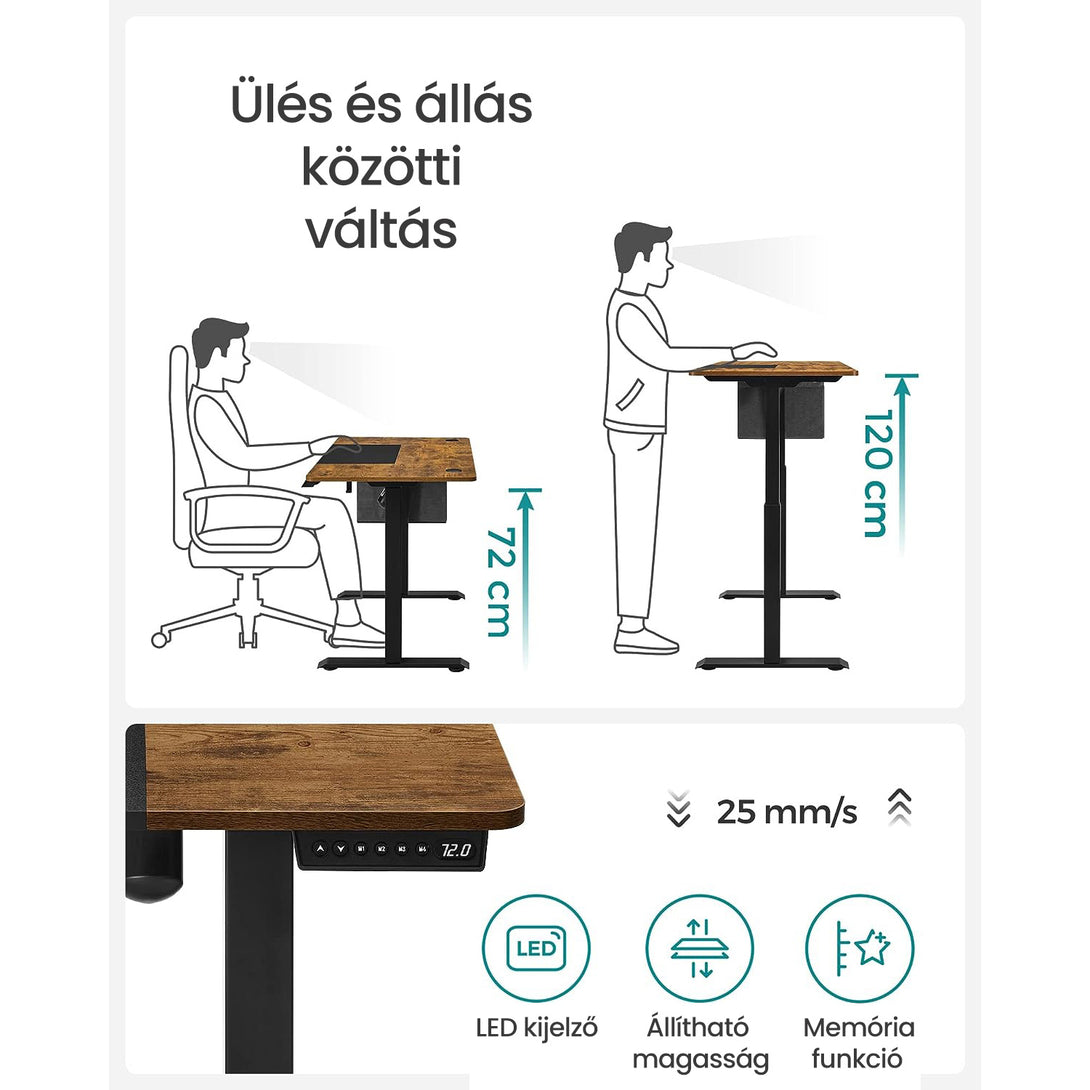 Állítható magasságú elektromos íróasztal 140 x 60 x (72-120) cm, vintage barna/fekete-VASBÚTOR