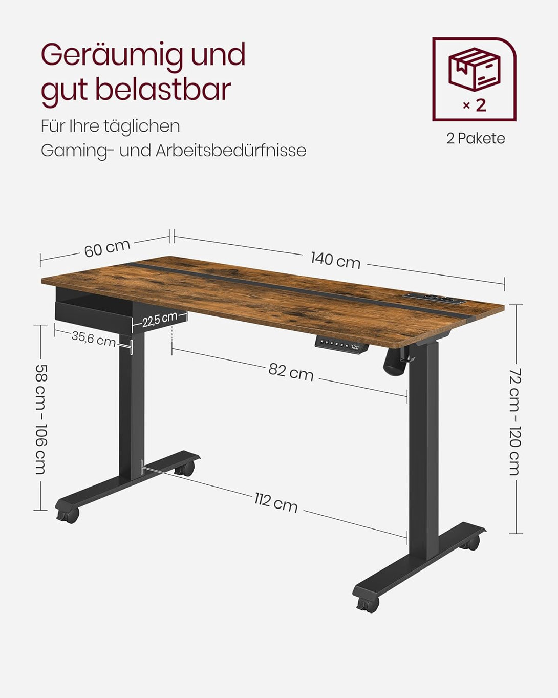 Állítható magasságú elektromos íróasztal konnektorral és fiókkal, 140 x 60 cm barna-fekete-VASBÚTOR