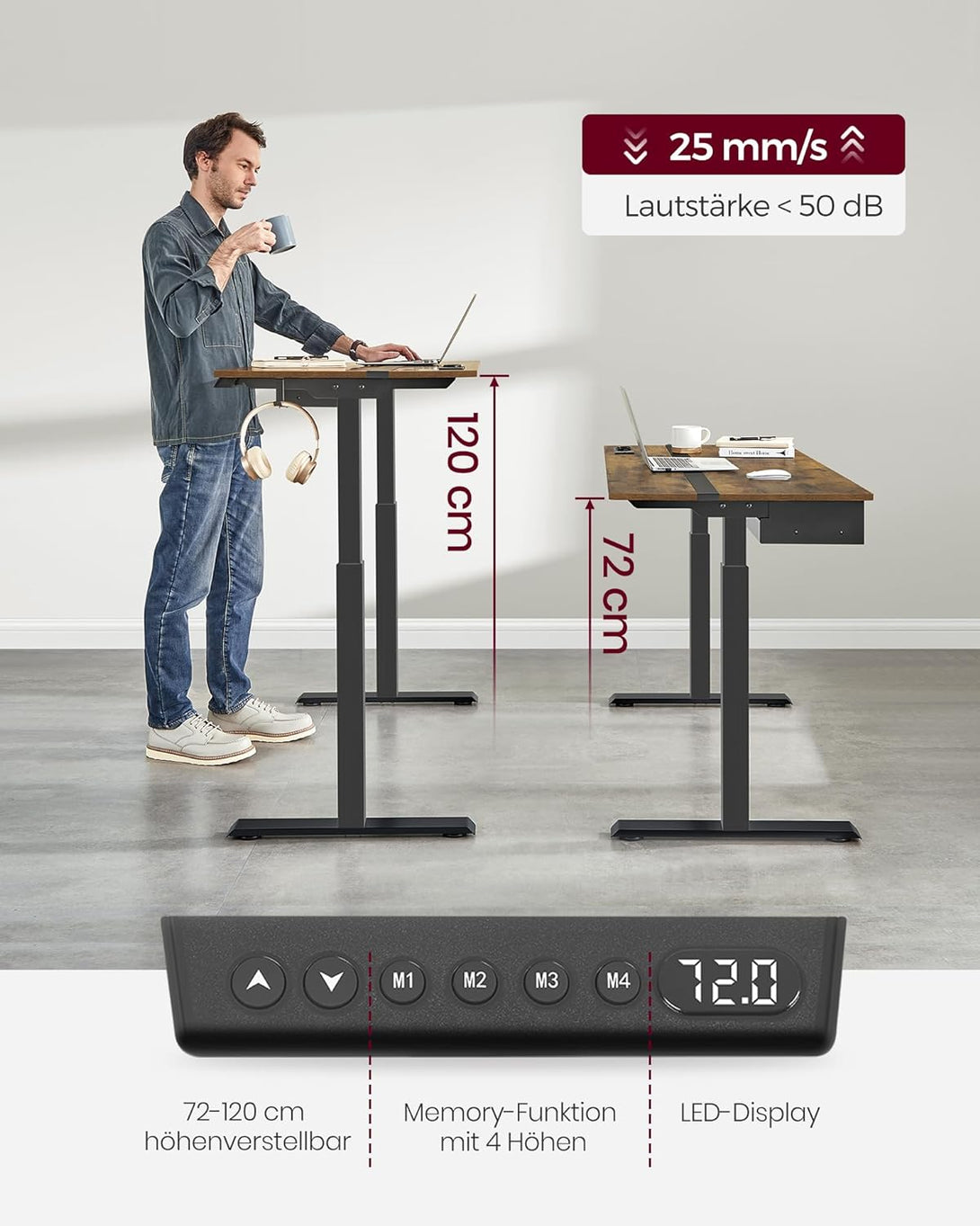 Állítható magasságú elektromos íróasztal konnektorral és fiókkal, 140 x 60 cm barna-fekete-VASBÚTOR