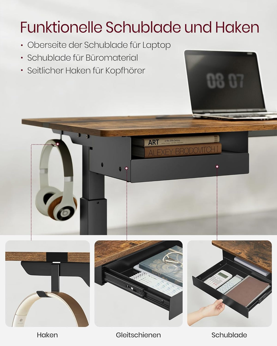Állítható magasságú elektromos íróasztal konnektorral és fiókkal, 140 x 60 cm barna-fekete-VASBÚTOR