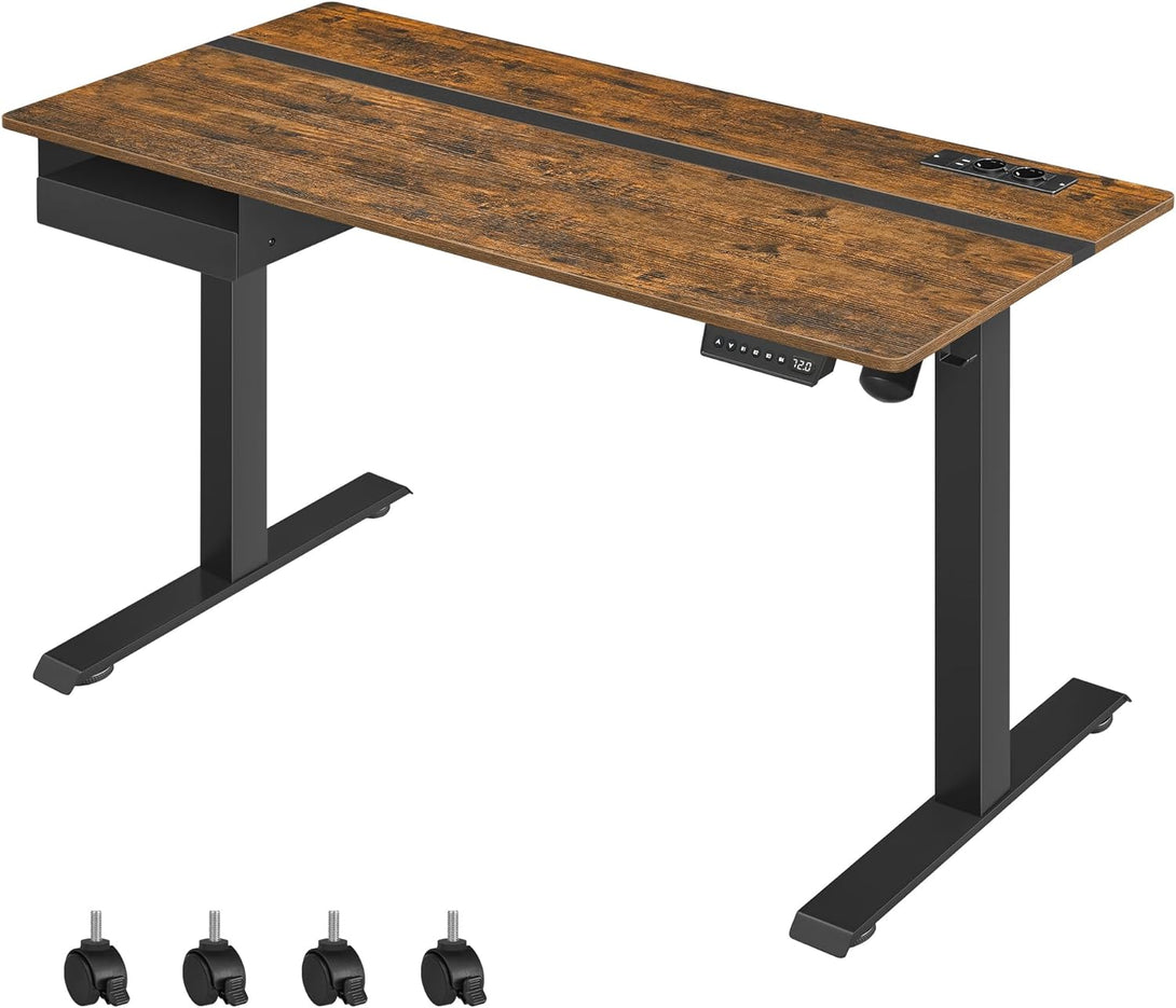 Állítható magasságú elektromos íróasztal konnektorral és fiókkal, 140 x 60 cm barna-fekete-VASBÚTOR