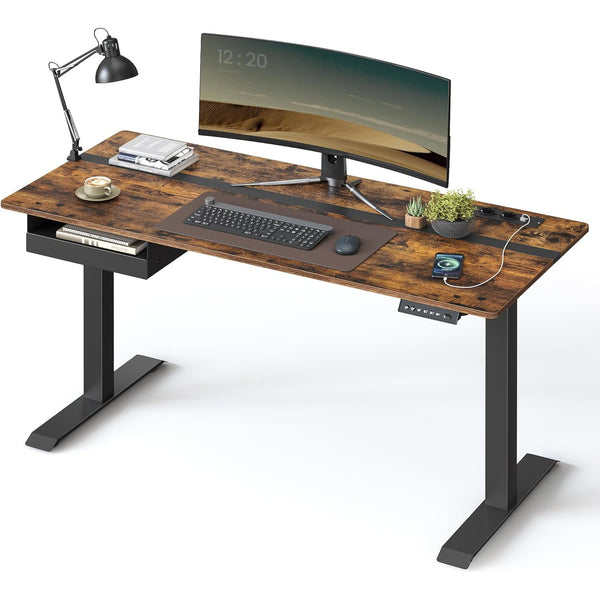 Állítható magasságú elektromos íróasztal konnektorral és fiókkal, 140 x 60 cm barna-fekete-VASBÚTOR
