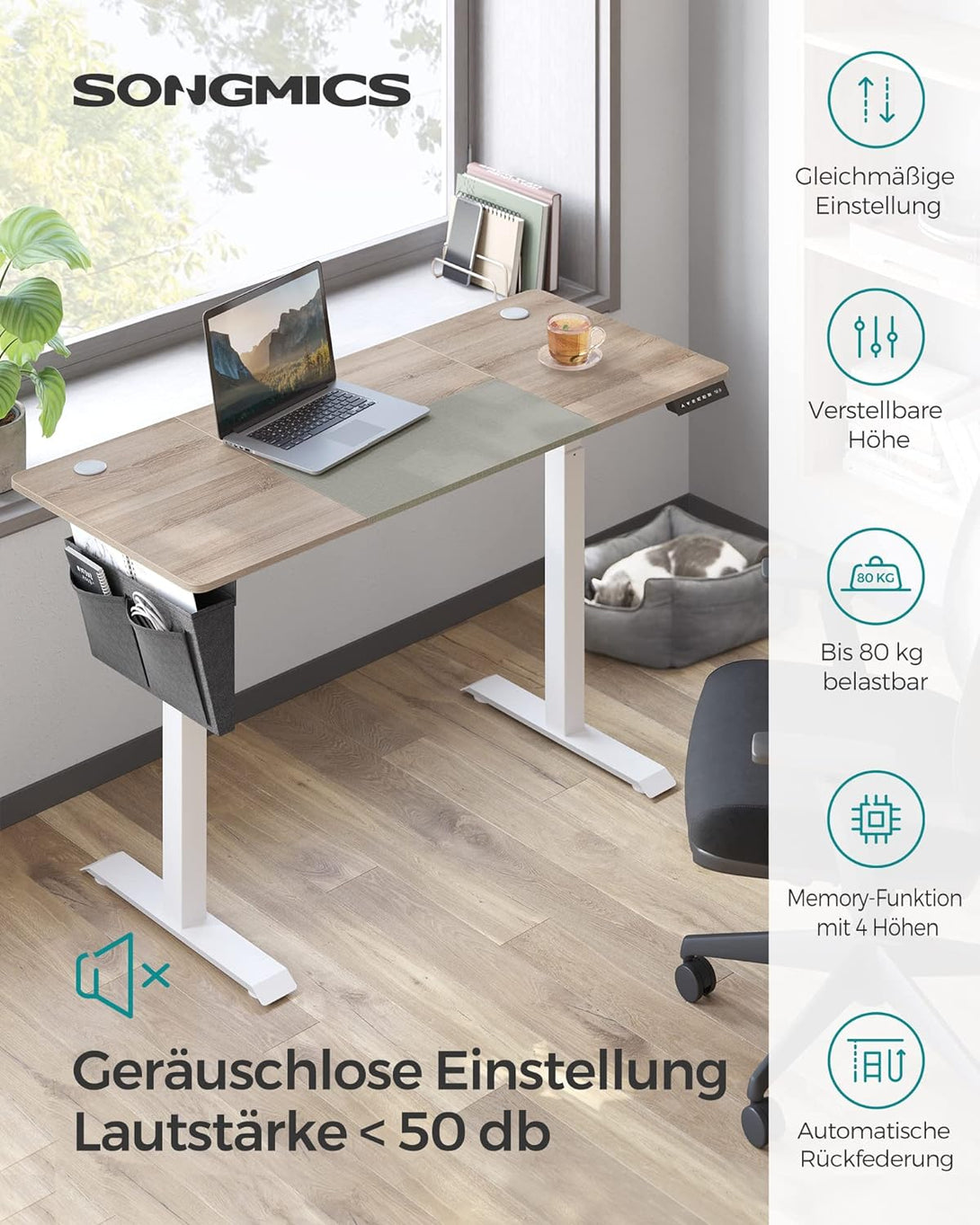 Állítható magasságú elektromos íróasztal memória funkcióval 60x140 cm, fehér-greige (Outlet)-VASBÚTOR