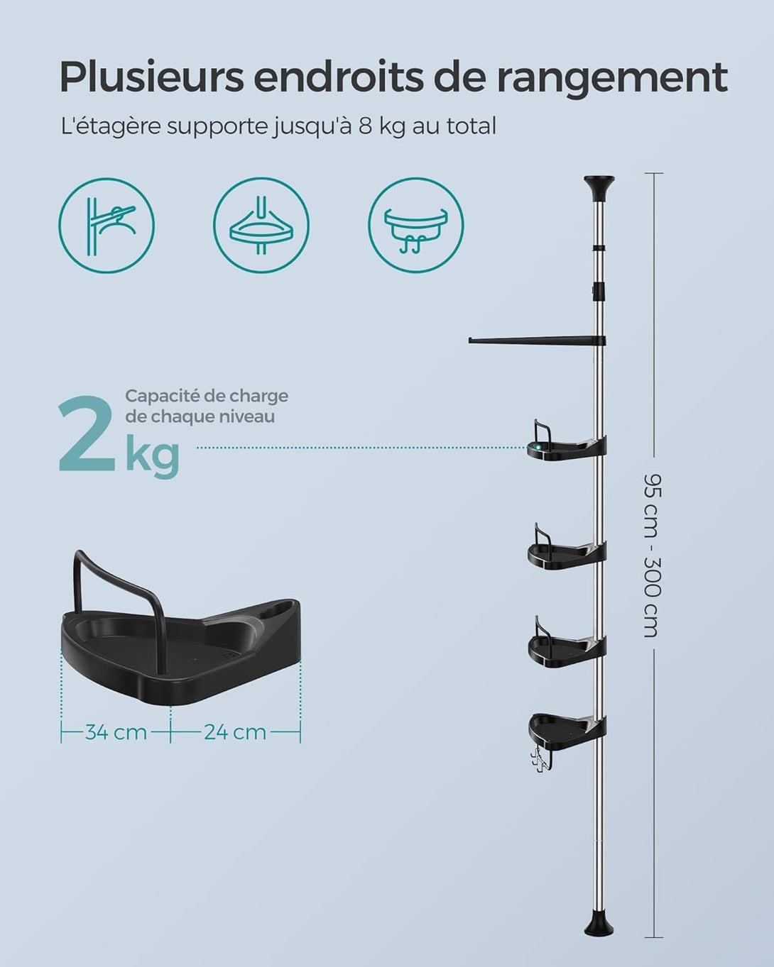 Állítható magasságú zuhanypolc 95-300 cm, teleszkópos fürdőszobai tároló, ezüst és fekete-VASBÚTOR