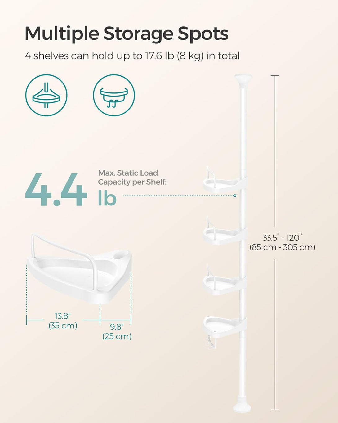 Állítható teleszkópos fürdőszobai sarokpolc, 85-305 cm-VASBÚTOR