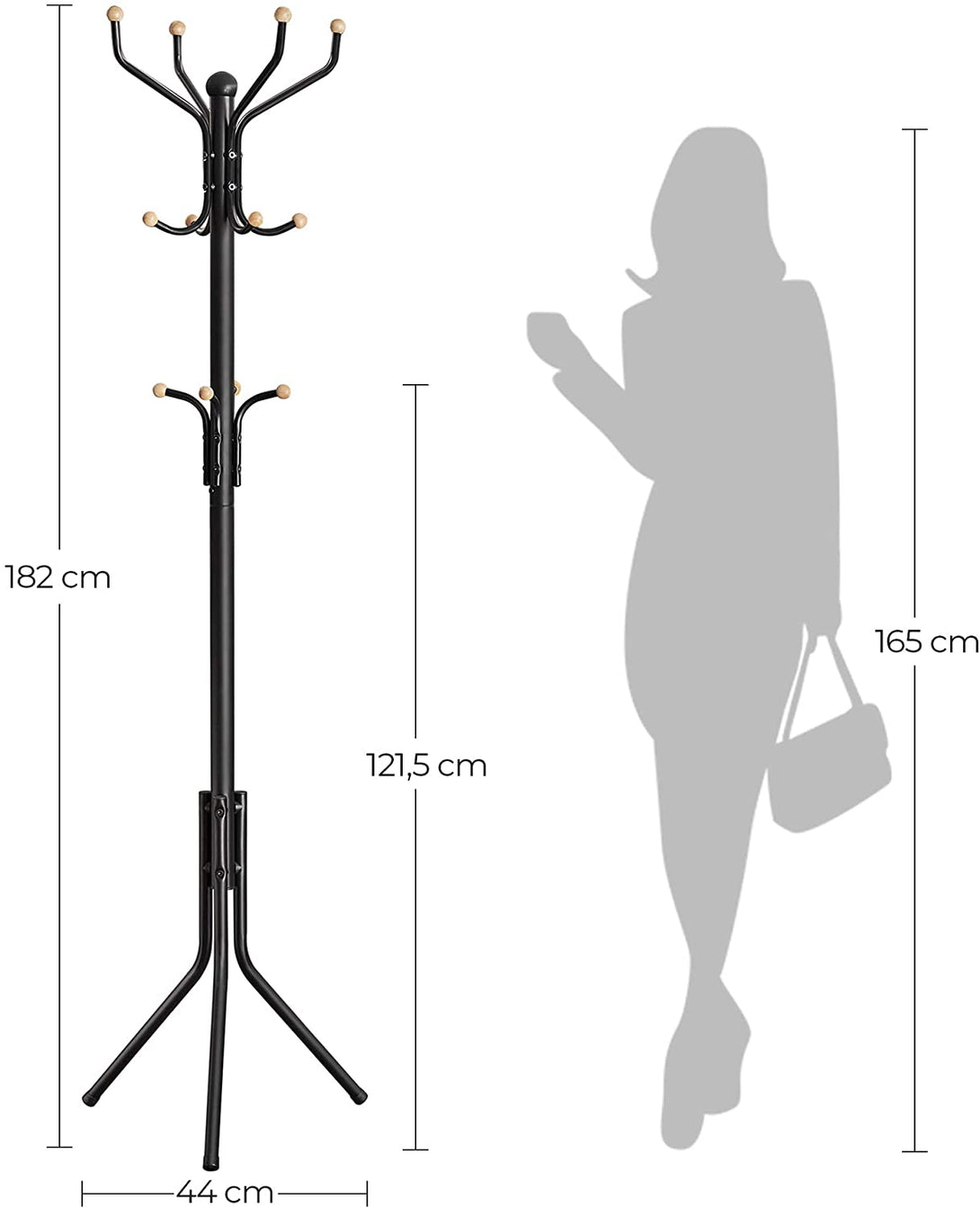 Álló fogas 12 kampóval, stabil fém kabáttartó,182 cm magas, fekete-VASBÚTOR