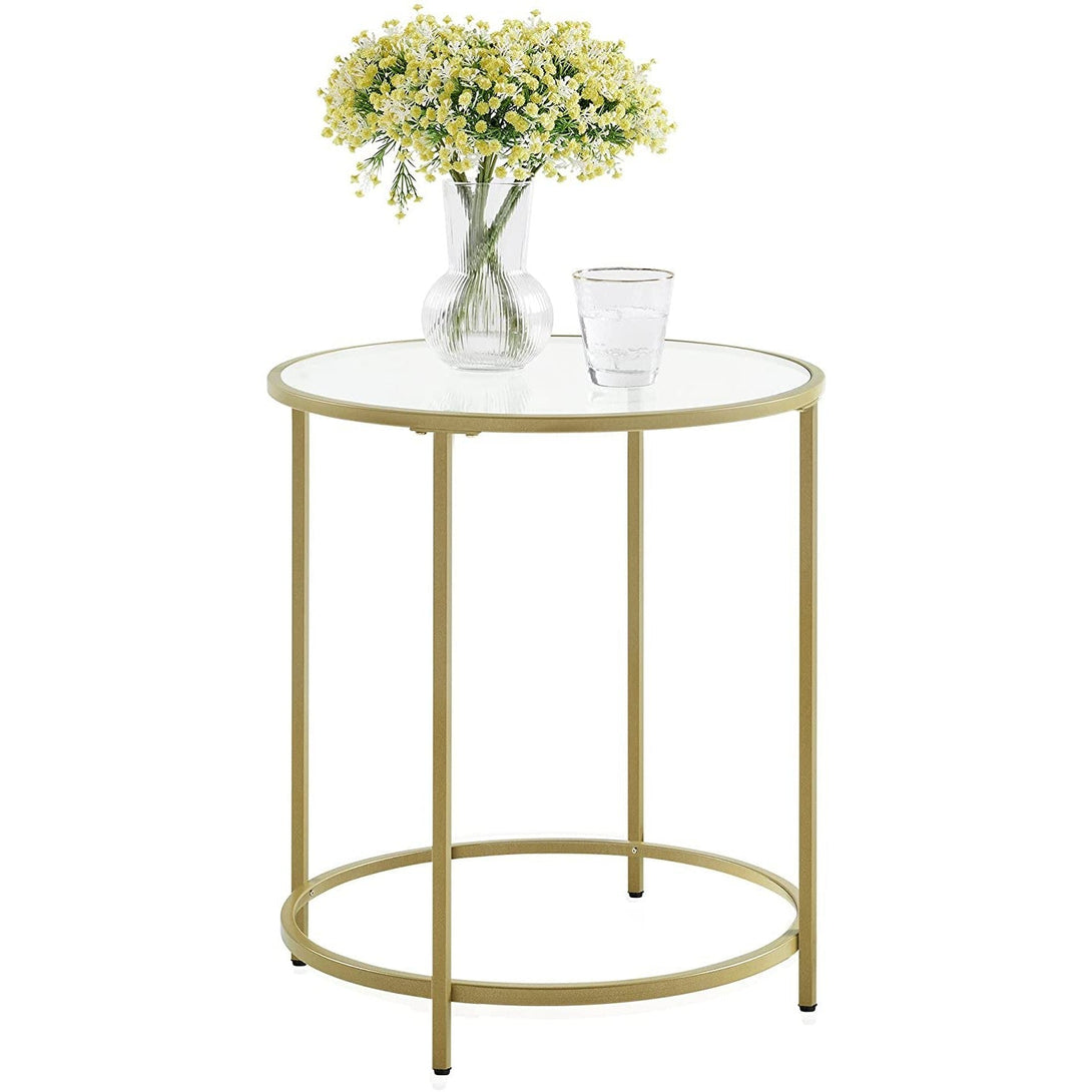 Aranyszínű fém oldalsó asztal, üveges kis dohányzóasztal-VASBÚTOR