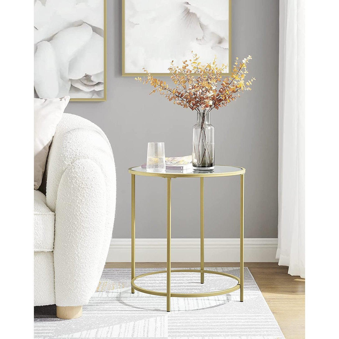 Aranyszínű fém oldalsó asztal, üveges kis dohányzóasztal-VASBÚTOR