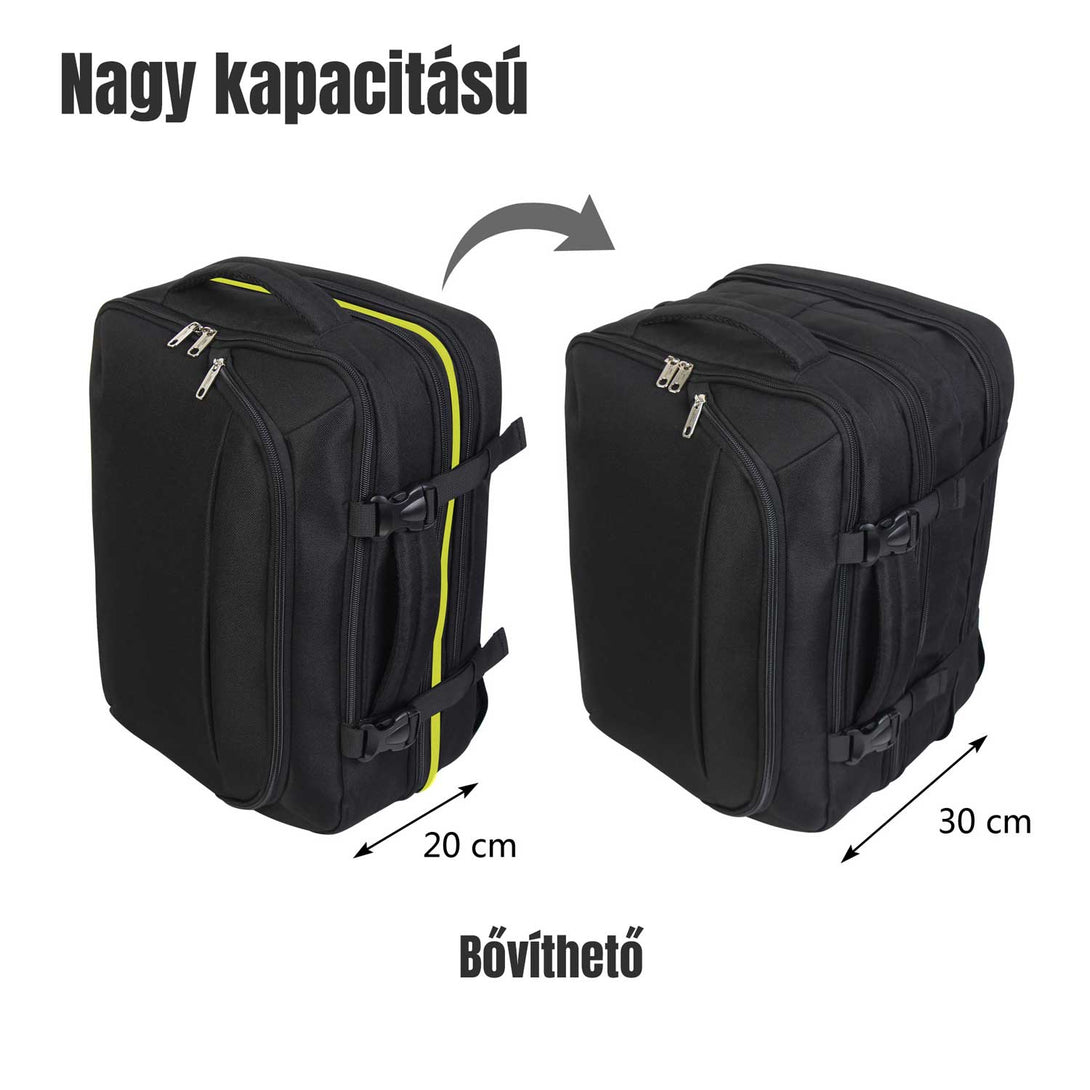BONTOUR FlexiGo Bővíthető Utazó Hátizsák, WizzAir méretű 40x30x20cm kézipoggyász, Fekete Színben-VASBÚTOR