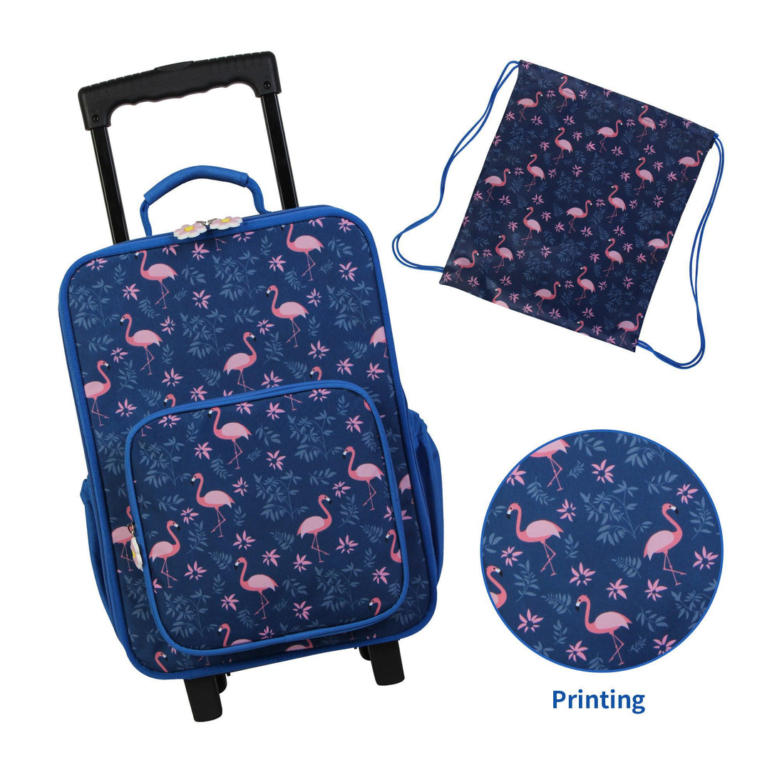 BONTOUR Vászon Gyermekbőrönd 2 Kerékkel ajándék tornazsákkal, Flamingó Mintával-VASBÚTOR
