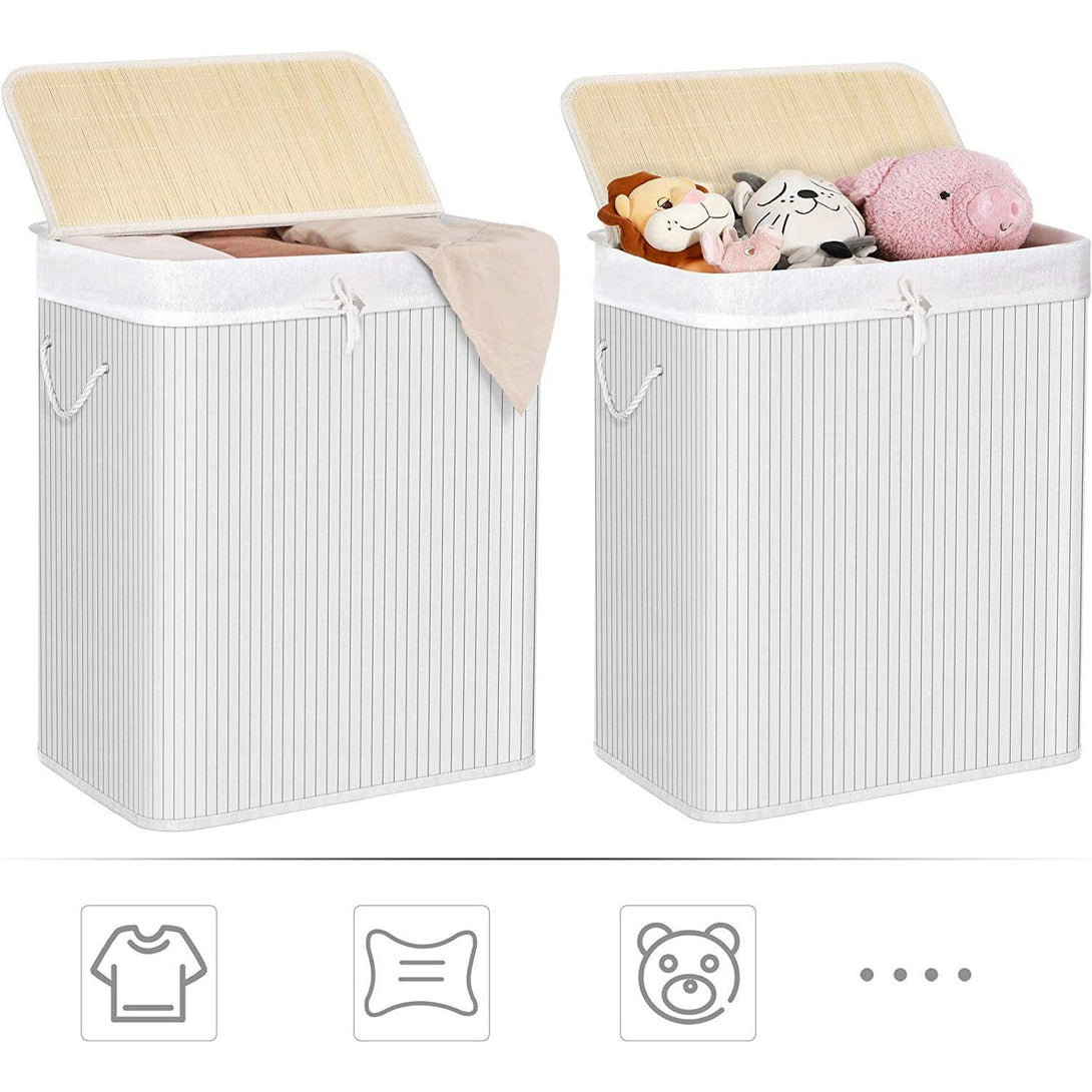 Bambusz szennyeskosár 100l, 2 rekeszes ruhakosár mosható zsákkal (outlet)-VASBÚTOR