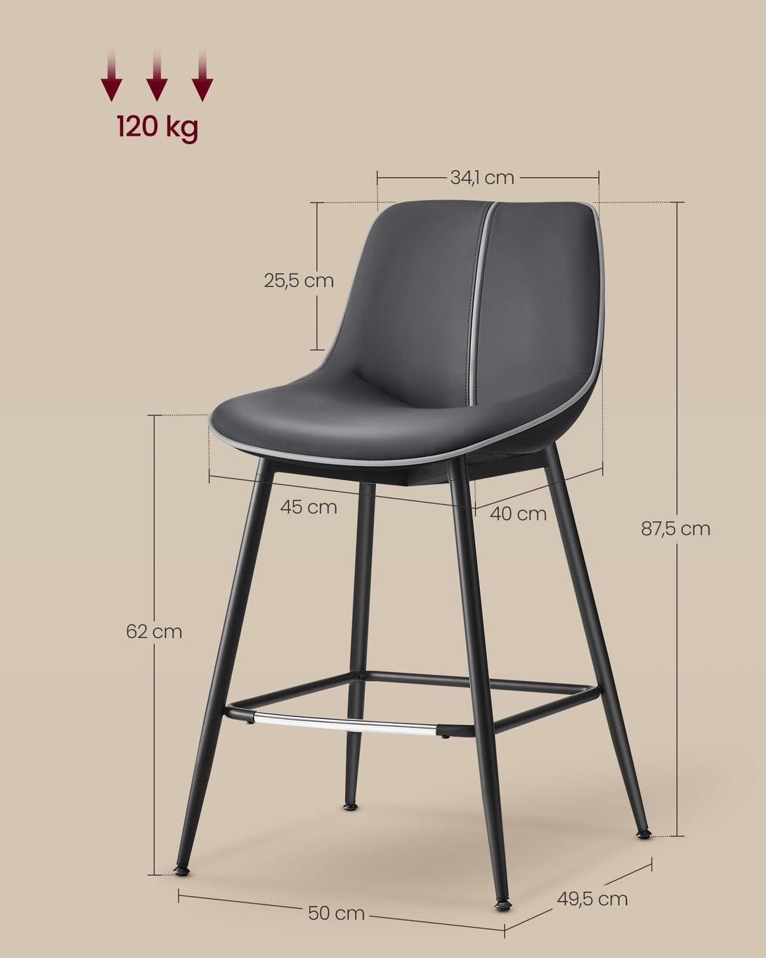 Bárszék 2 db-os szett ergonomikus háttámlával, ülésmagasság 62 cm, tintafekete-VASBÚTOR
