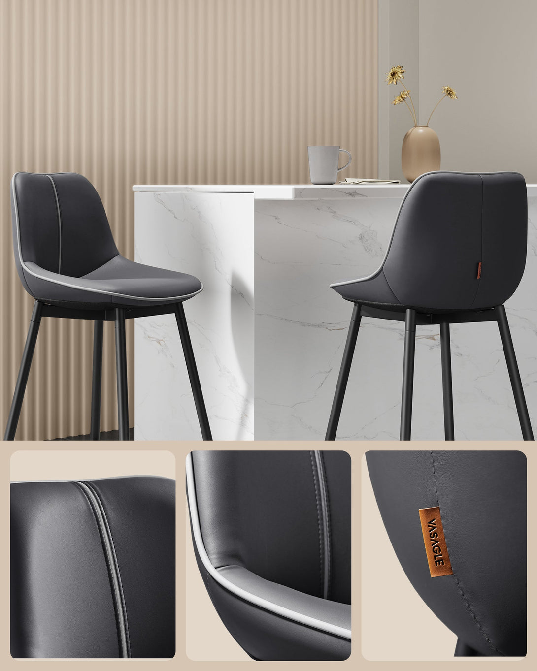 Bárszék 2 db-os szett ergonomikus háttámlával, ülésmagasság 62 cm, tintafekete-VASBÚTOR