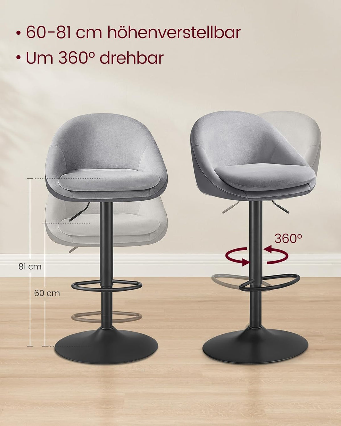 Bárszék szett 2 db bárszék, állítható magasságú, szürke-VASBÚTOR