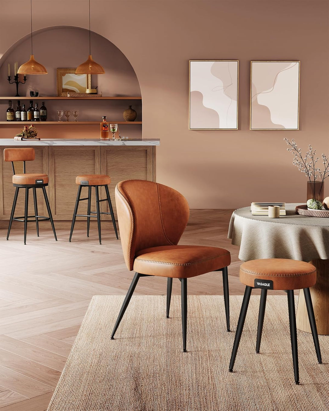 Bárszék szett, 2 db, háttámlával,65 cm magas, karamell barna színben-VASBÚTOR