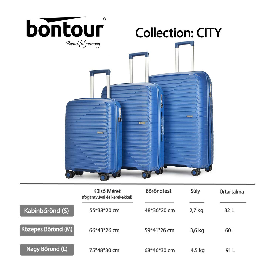 Bontour "City" 4-kerekes Bőrönd Szett, Kék-VASBÚTOR