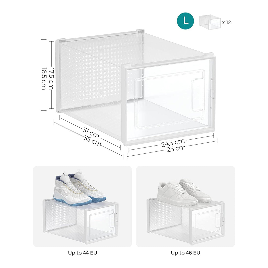Cipős dobozok, 12 db egymásra rakható cipőtároló rendszer, átlátszó és fehér-VASBÚTOR