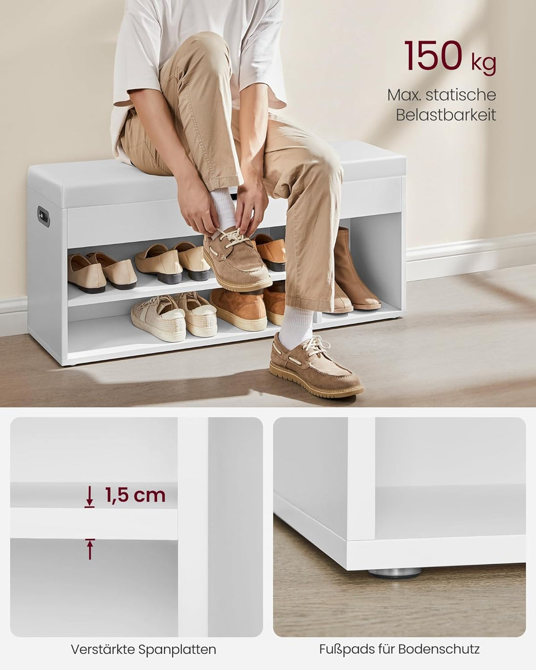 Cipős pad párnával, tárolópad párnázott ülőfelülettel, 3 rekeszes, fehér-VASBÚTOR