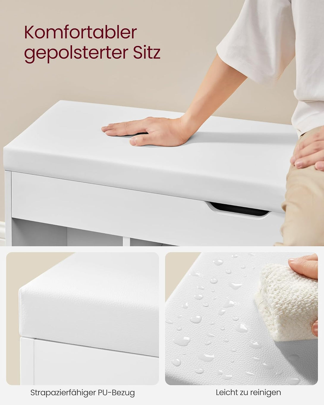 Cipős pad párnával, tárolópad párnázott ülőfelülettel, 3 rekeszes, fehér-VASBÚTOR