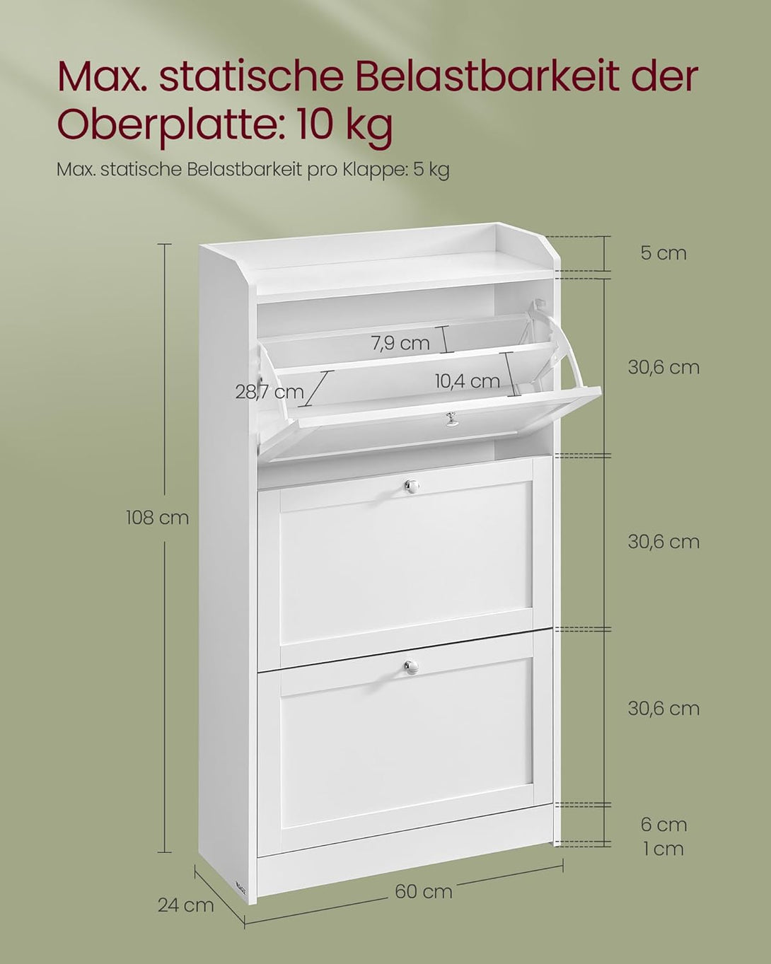 Cipős szekrény 3 kihajtható fiókkal, cipőtároló szekrény, 60 x 108 x 24 cm, felhőfehér-VASBÚTOR