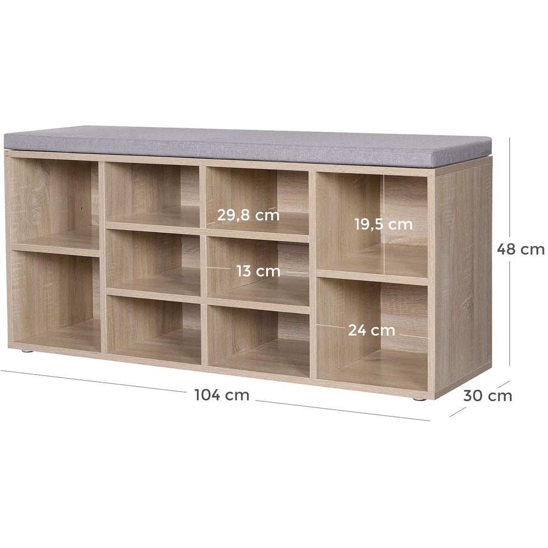 Cipőtároló pad 10 rekesszel, Cipőpad párnával 104 x 30 x 48 cm, tölgy színű-VASBÚTOR
