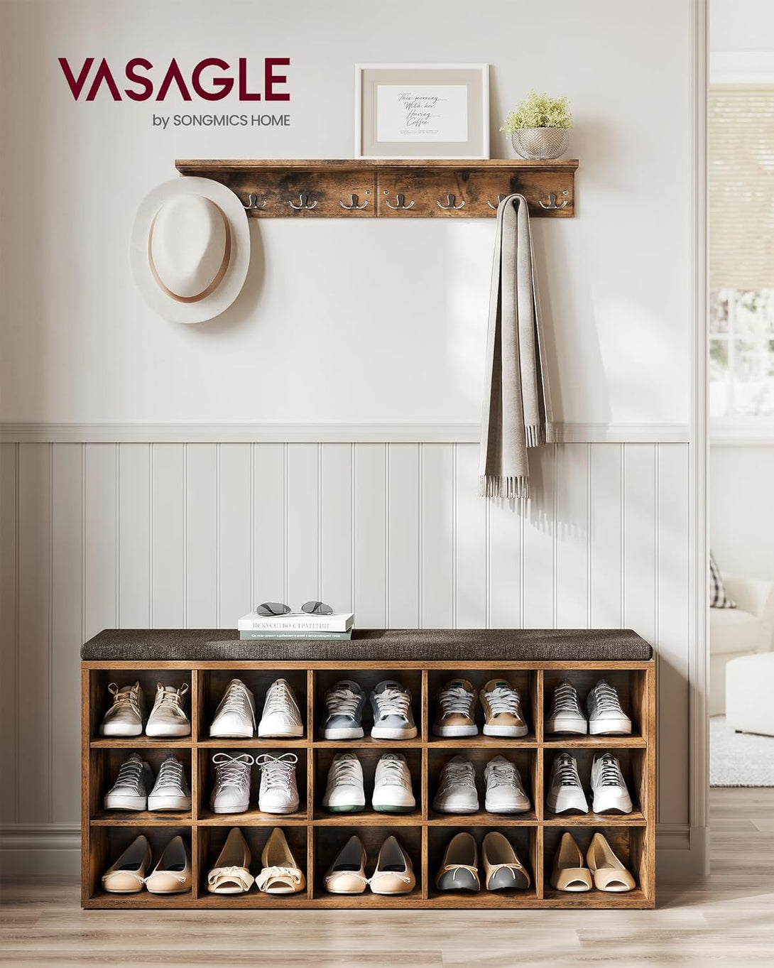 Cipőtartó pad, tárolós pad párnázott ülőfelülettel 30 × 105 × 48 cm, rusztikus barna színben-VASBÚTOR