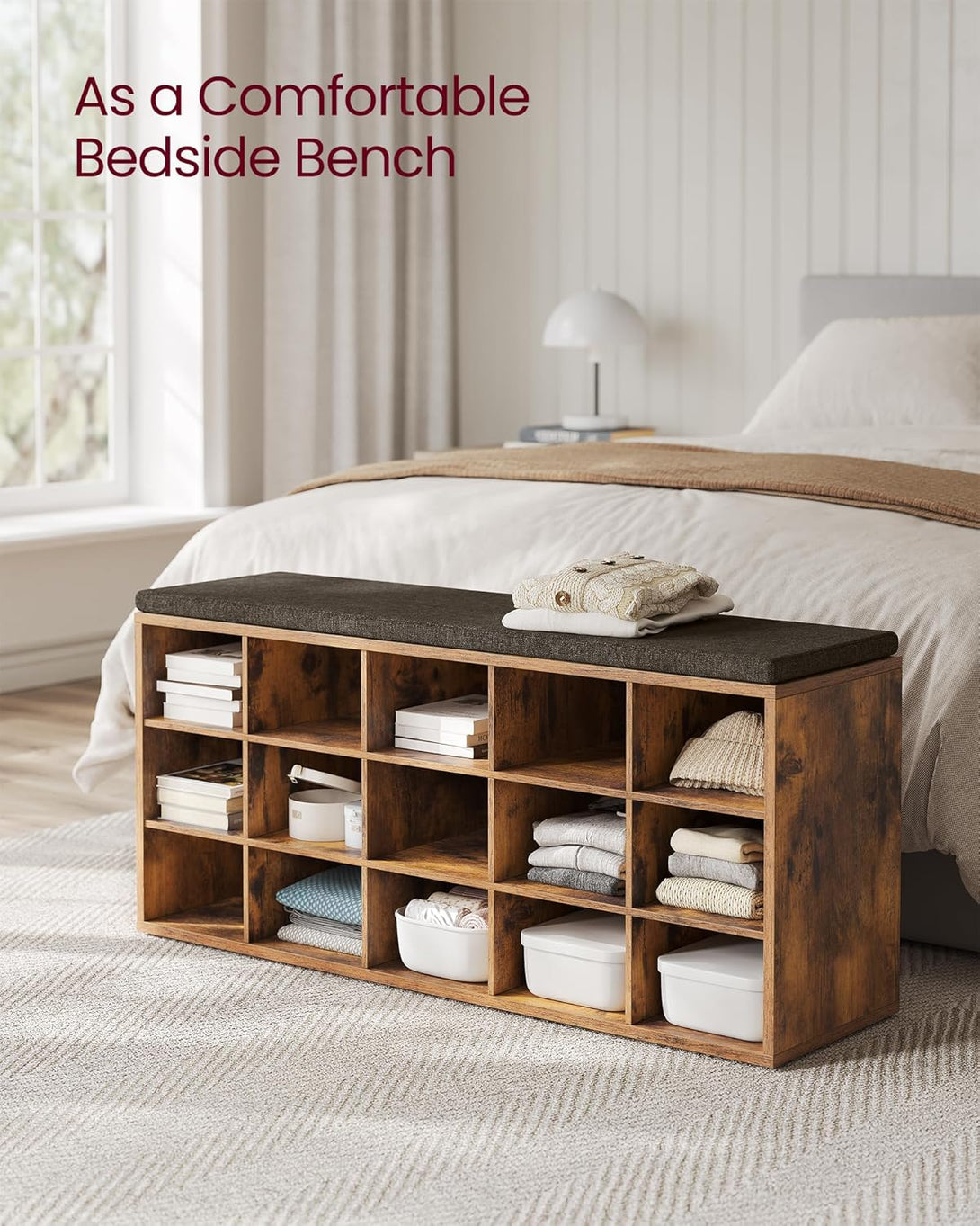 Cipőtartó pad, tárolós pad párnázott ülőfelülettel 30 × 105 × 48 cm, rusztikus barna színben-VASBÚTOR