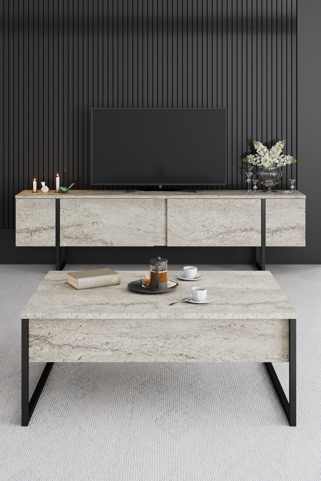 Dohányzóasztal Luxe - Travertine, Black-VASBÚTOR