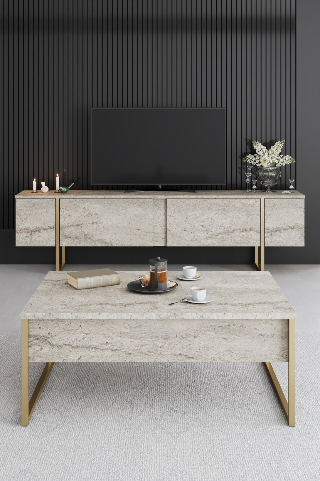 Dohányzóasztal Luxe - Travertine, Gold-VASBÚTOR