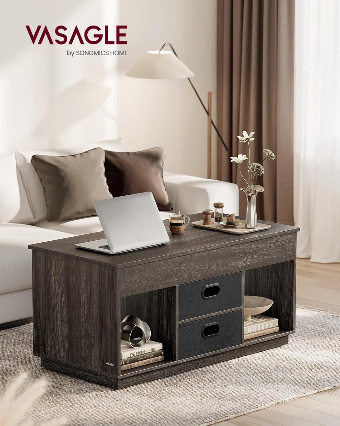 Dohányzóasztal, felemelhető asztallapos dohányzóasztal 2 fiókkal és rejtett rekesszel, hamvasbarna-VASBÚTOR