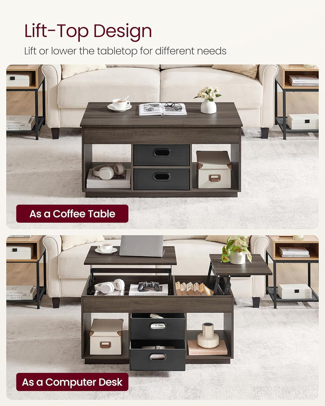 Dohányzóasztal, felemelhető asztallapos dohányzóasztal 2 fiókkal és rejtett rekesszel, hamvasbarna-VASBÚTOR