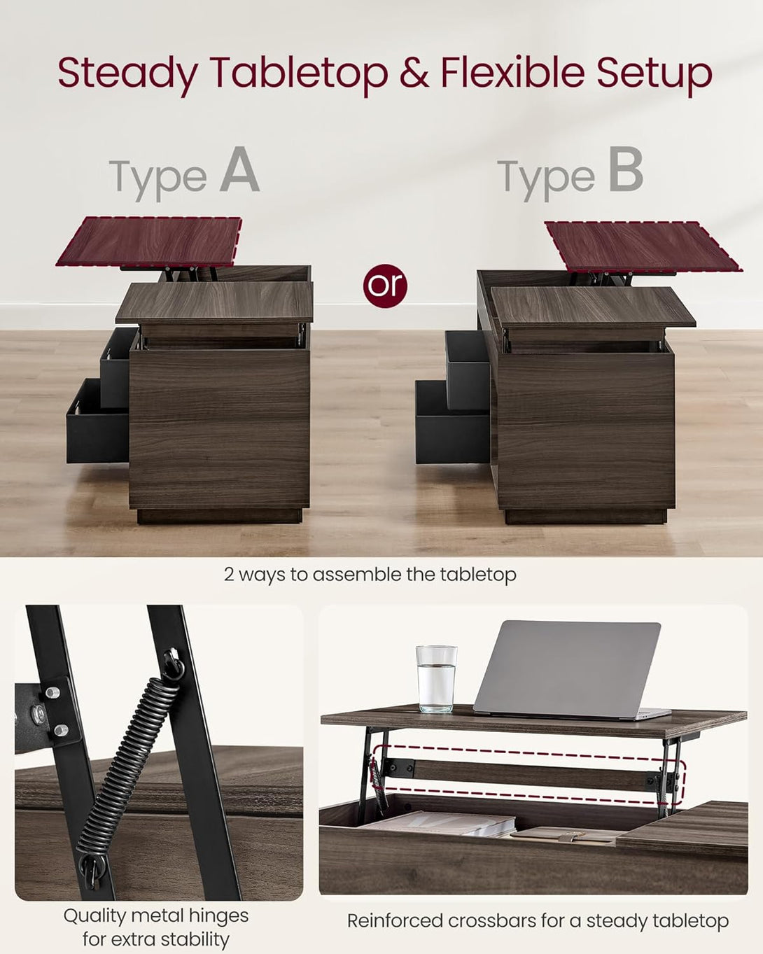Dohányzóasztal, felemelhető asztallapos dohányzóasztal 2 fiókkal és rejtett rekesszel, hamvasbarna-VASBÚTOR