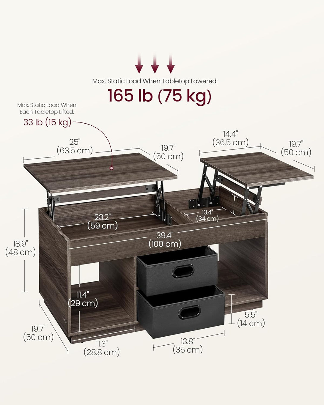 Dohányzóasztal, felemelhető asztallapos dohányzóasztal 2 fiókkal és rejtett rekesszel, hamvasbarna-VASBÚTOR