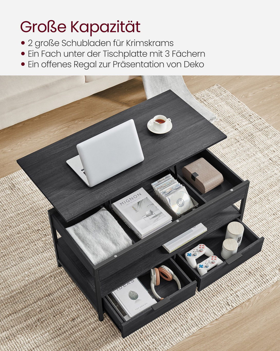 Dohányzóasztal, magasságában állítható, 50×100 cm, antracitszürke–tintafekete-VASBÚTOR